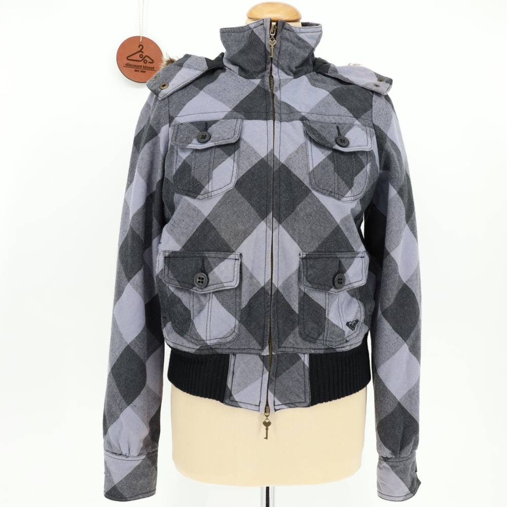 Roxy‎ Gray Checkered Bomber Jacket Size Medium